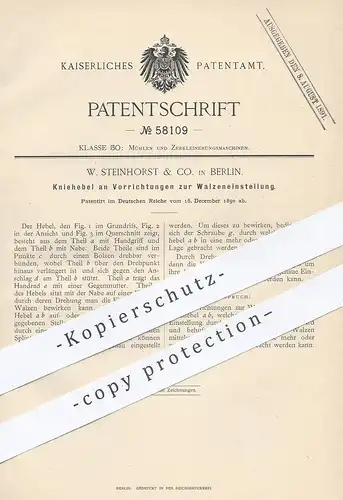 original Patent - W. Steinhorst & Co . , Berlin 1890 , Kniehebel zur Walzeneinstellung | Mühle , Mühlen , Walze , Walzen