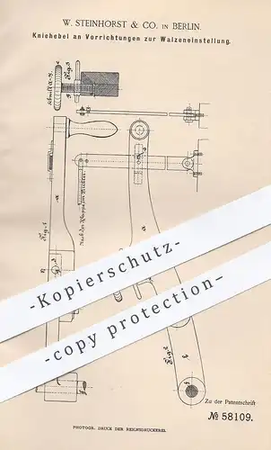 original Patent - W. Steinhorst & Co . , Berlin 1890 , Kniehebel zur Walzeneinstellung | Mühle , Mühlen , Walze , Walzen