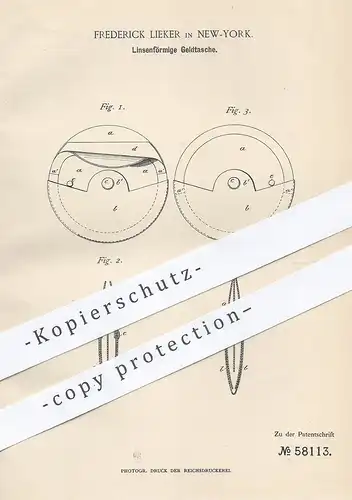 original Patent - Frederick Lieker , New York  USA , 1891 , Linsenförmige Geldtasche | Portemonee , Tasche , Brieftasche