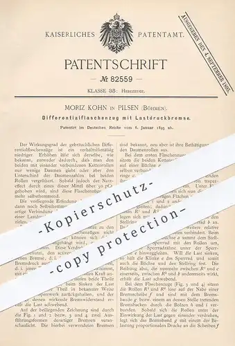 original Patent - Moriz Kohn , Pilsen / Böhmen 1895 , Differentialflaschenzug mit Lastdruckbremse | Flaschenzug , Bremse