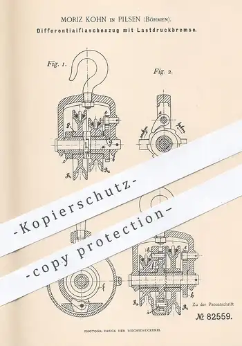 original Patent - Moriz Kohn , Pilsen / Böhmen 1895 , Differentialflaschenzug mit Lastdruckbremse | Flaschenzug , Bremse