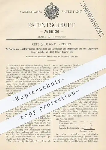 original Patent - Rietz & Herold , Berlin , 1890 , elektrolytische Herst. von Aluminium u. Magnesium | Gold , Silber !!