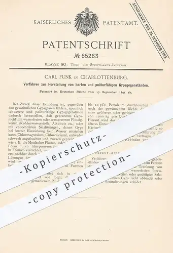 original Patent - Carl Funk , Berlin / Charlottenburg , harte u. politurfähige Gegenstände aus Gips | Petroleum , Ton