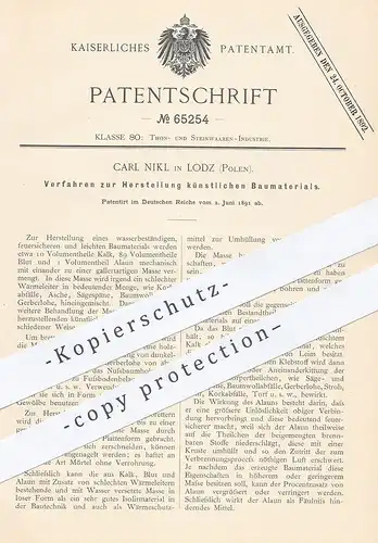 original Patent - Carl Nikl , Lodz / Polen , 1891 , künstliches Baumaterial | Kalk , Alaun , Beton , Bau | Maurer !!