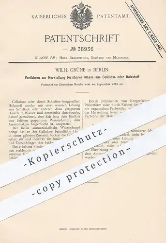 oiginal Patent - Wilh. Grüne , Berlin , 1886 , formbare Masse aus Cellulose o. Holzstoff | Holz , Faser , Papier !!!