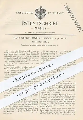 oiginal Patent - Frank William Jenkins , Brooklyn , USA , 1891 , Kerzenleuchter | Kerze , Kerzenhalter , Licht , Brenner