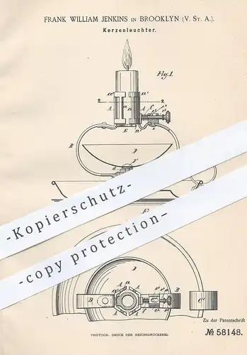 oiginal Patent - Frank William Jenkins , Brooklyn , USA , 1891 , Kerzenleuchter | Kerze , Kerzenhalter , Licht , Brenner