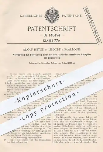 original Patent - Adolf Heyne , Lisdorf / Saarlouis , 1903 , Holzspitze mit Leder am Billardstock | Queue | Billard !!