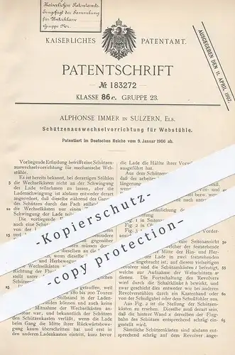 original Patent - Alphonse Immer , Sulzern / Elsass , 1906 , Auswechseln der Schützen am Webstuhl | Weber , Weben !!