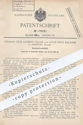 original Patent - Charles Léon Clément Filliol , Louis Felix Balande , Asnières , 1905 , Spundlochverschluss | Gewinde