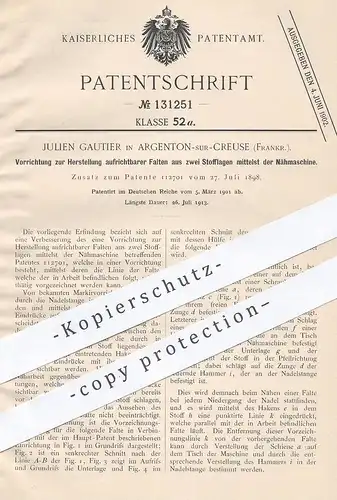 original Patent - Julien Gautier , Argenton sur Creuse , Frankreich , 1901 , Falten aus 2 Stofflagen per Nähmaschine !!!