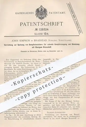 original Patent - John Simpson , Braehead , Stirling , Schottland 1900 , Dampfentwickler für Motorfahrzeuge | Automobile