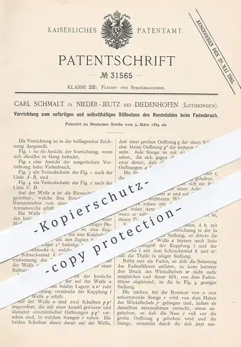 original Patent - Carl Schmalt , Nieder Jeutz / Diedenhofen / Lothringen 1884 , Stillsetzen von Rundstuhl bei Fadenbruch