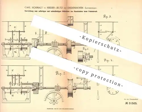 original Patent - Carl Schmalt , Nieder Jeutz / Diedenhofen / Lothringen 1884 , Stillsetzen von Rundstuhl bei Fadenbruch