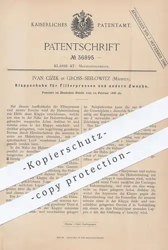 original Patent - Ivan Cízek , Groß Seelowitz / Mähren , 1886 , Klappenhahn für Filterpressen | Presse , Pressen !!!