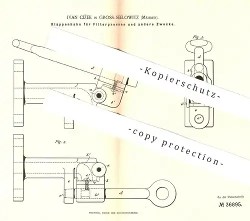 original Patent - Ivan Cízek , Groß Seelowitz / Mähren , 1886 , Klappenhahn für Filterpressen | Presse , Pressen !!!