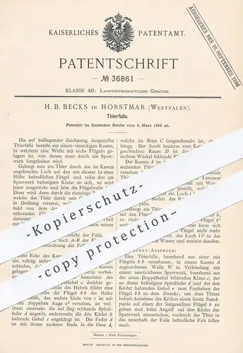 original Patent - H. B. Becks , Horstmar / Westfalen , 1886 , Tierfalle | Falle für Tiere | Jäger , Jagd !!!