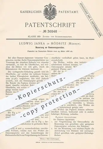original Patent - Ludwig Janka , Mödritz / Mähren , 1886 , Osmoseapparat | Osmose | Zucker , Zuckerfabrik | Stärke !!