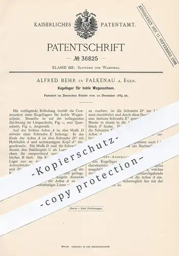 original Patent - Alfred Behr , Falkenau / Eger , 1885 , Kugellager für hohle Wagenachse | Wagenbau , Achsen , Eisenbahn