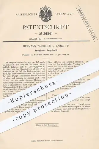 original Patent - Hermann Paetzold , Labes , 1883 , Zerlegbares Dampfventil | Ventil | Dampfmaschine , Motor !!!