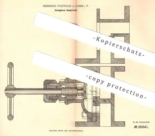original Patent - Hermann Paetzold , Labes , 1883 , Zerlegbares Dampfventil | Ventil | Dampfmaschine , Motor !!!