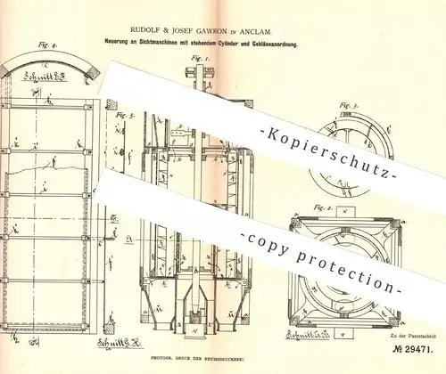 original Patent - Rudolf & Josef Gawron , Anklam , Mecklenburg , 1884 , Sichtmaschine | Mühle , Mühlen , Müller !!!