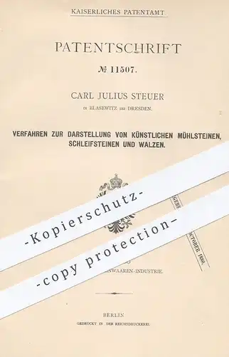 original Patent - Carl Julius Steuer , Blasewitz / Dresden 1880 , Darst. künstlicher Mühlsteine , Schleifsteine , Walzen