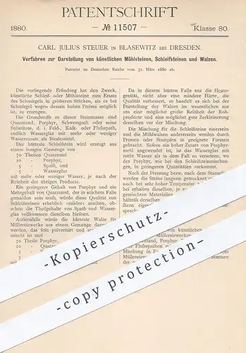 original Patent - Carl Julius Steuer , Blasewitz / Dresden 1880 , Darst. künstlicher Mühlsteine , Schleifsteine , Walzen