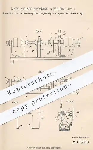 original Patent - Mads Nielsen Kromann , Esbjerg , Jütland , 1901 , Herst. ringförmiger Körper aus Kork | Korken