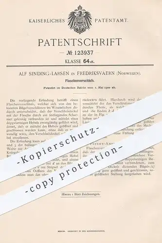 original Patent - Alf Sinding Larsen , Fredriksvaern , Norwegen , 1900 , Flaschenverschluss | Verschluss für Flaschen