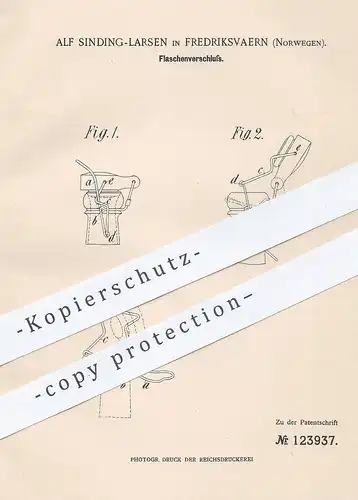 original Patent - Alf Sinding Larsen , Fredriksvaern , Norwegen , 1900 , Flaschenverschluss | Verschluss für Flaschen