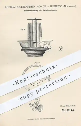 original Patent - Andreas Gulbrandsen Hovde , Hönefos , Norwegen  1890 , Löschen von Petroleumlampen | Petroleum , Lampe