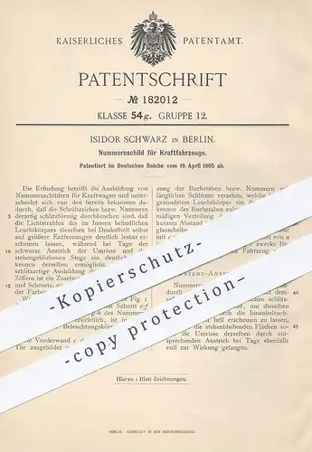 original Patent - Isidor Schwarz , Berlin , 1905 , Nummernschild für Kraftfahrzeuge | Kennzeichen , Zulassung , KfZ !!!