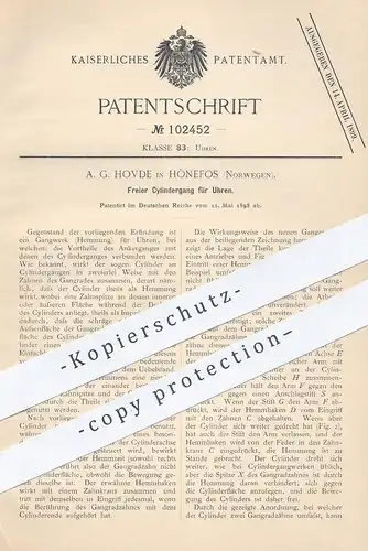 original Patent - A. G. Hovde , Hönefos , Norwegen , 1898 , Freier Zylindergang für Uhren | Uhr , Uhrmacher , Uhrwerk !