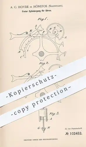 original Patent - A. G. Hovde , Hönefos , Norwegen , 1898 , Freier Zylindergang für Uhren | Uhr , Uhrmacher , Uhrwerk !