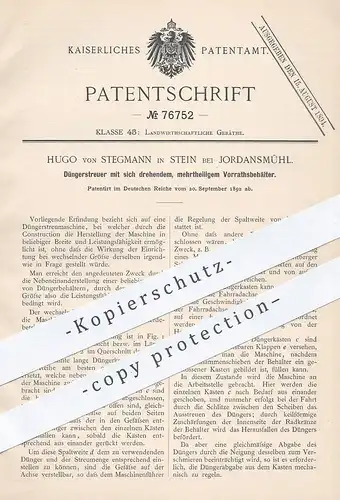 original Patent - Hugo von Stegmann , Stein / Jordansmühl , 1892 , Düngerstreuer mit Vorratsbehälter | Dünger !!!