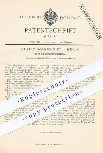 original Patent - Gustav Goldschmidt , Berlin 1891 , Tisch mit Vergrößerungsplatte | Ausziehtisch | Holztisch , Tischler