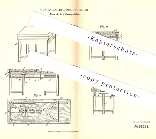 original Patent - Gustav Goldschmidt , Berlin 1891 , Tisch mit Vergrößerungsplatte | Ausziehtisch | Holztisch , Tischler