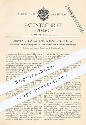 original Patent - Andrew Greenleaf Paul , New York , USA , 1891 , Entlüftung von Dampf- u. Warmwasserheizung | Heizung !