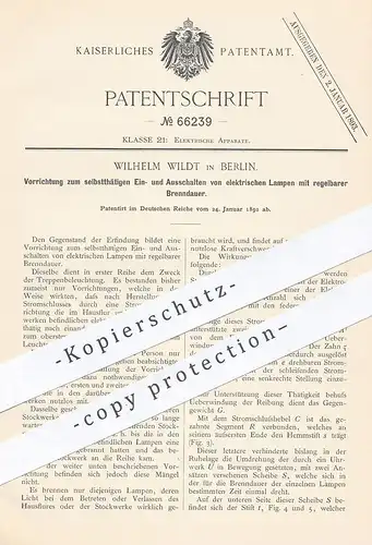 original Patent - Wilhelm Wildt , Berlin , 1892 , Ein- & Ausschalten elektrischer Lampen | Lampe , Lichtschalter , Strom