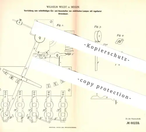 original Patent - Wilhelm Wildt , Berlin , 1892 , Ein- & Ausschalten elektrischer Lampen | Lampe , Lichtschalter , Strom