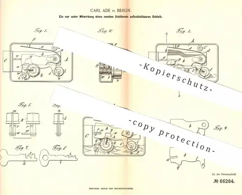 original Patent - Carl Ade , Berlin , 1892 , Schloss mit 2 Schlüsseln funktionierend für Tresor , Safe , Geldschrank !!