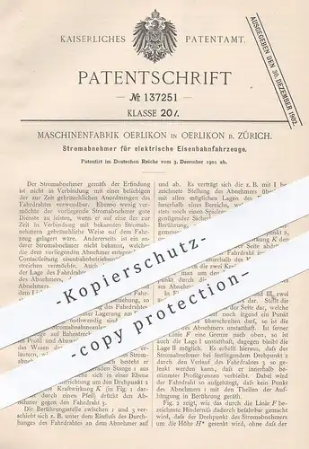 original Patent - Maschinenfabrik Oerlikon / Zürich | 1901 , Stromabnehmer für elektrische Eisenbahnen | Eisenbahn Strom