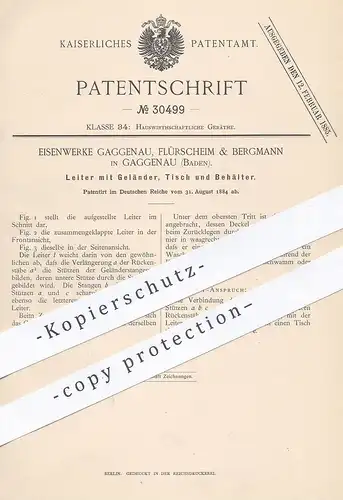 original Patent - Eisenwerke Gaggenau , Flürscheim & Bergmann 1884 , Leiter m. Geländer , Tisch , Behälter | Trittleiter