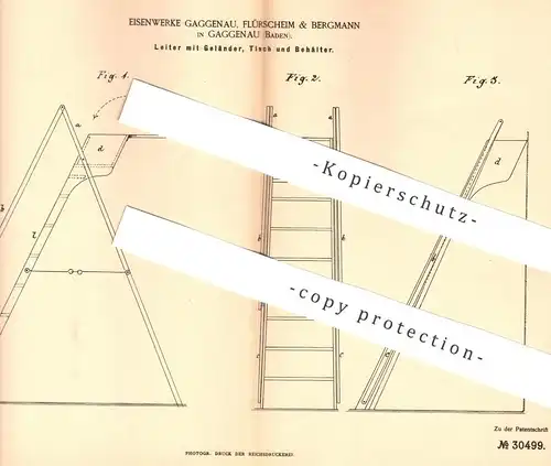 original Patent - Eisenwerke Gaggenau , Flürscheim & Bergmann 1884 , Leiter m. Geländer , Tisch , Behälter | Trittleiter