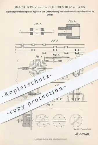 original Patent - Marcel Deprez , Dr. Cornelius Herz , Paris Frankreich 1884 , Induktion am Telefon | Strom , Telefonie