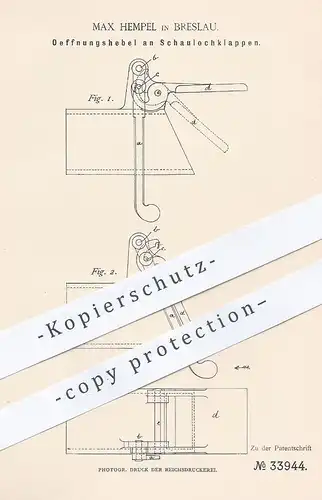 original Patent - Max Hempel , Breslau , 1885 , Öffnungshebel an Schaulochklappen | Feuerung , Ofen , Heizung , Feuertür