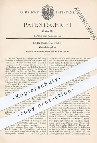 original Patent - Jules Mallié , Paris Frankreich , 1885 , Wasserleitungsfilter | Wasser - Filter , Filtern , Filtrieren