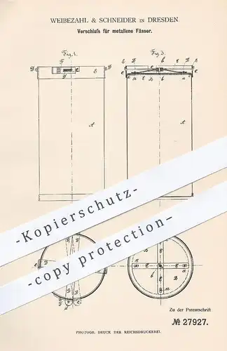 original Patent - Weibezahl & Schneider , Dresden , 1883 , Verschluss für Metall - Fässer | Fass , Bierfass , Brauerei !
