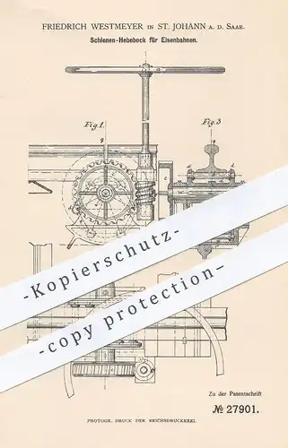 original Patent - Friedrich Westmeyer , St. Johann , 1884 , Schienen - Hebebock für Eisenbahnen | Eisenbahn - Schiene !!